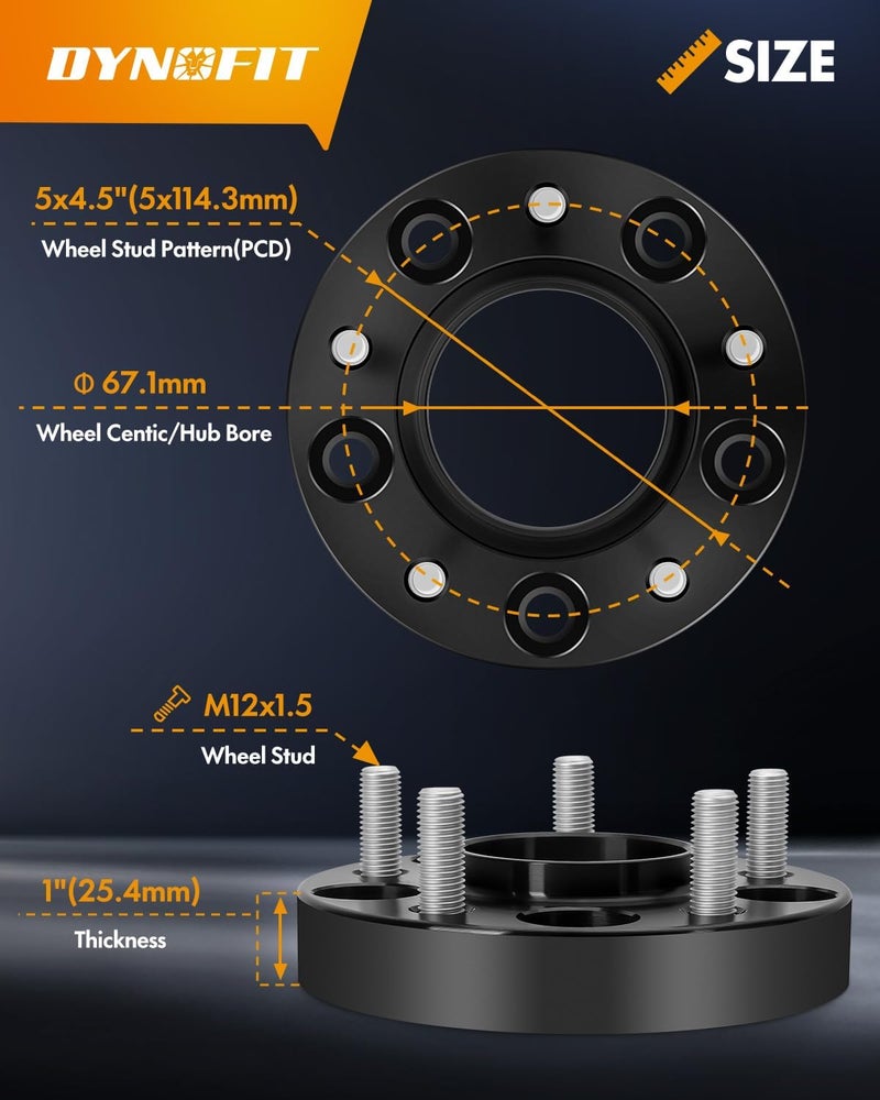 dynofit Store 5x4.5 Wheel Spacers 1 Inch for Hyundai Elantra, Sonat & Genesis Coupe, 67.1 Hub Centric 5x114.3 Bolt Pattern 25mm Tire Spacer Compatibility with Ford Fusion Escape Mazda Jeep Kia, M12x1.5 Stud - Image 3